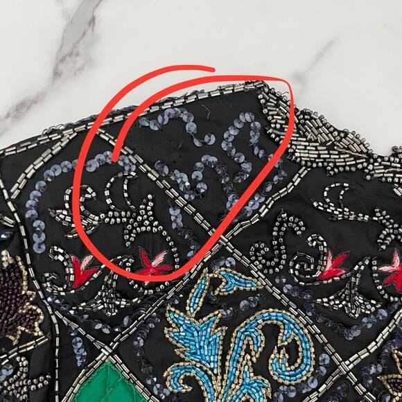 Judith Ann Vtg silk Patchwork Embroidered jacket Quilted sequin Embellished Sz L - Picture 14 of 15